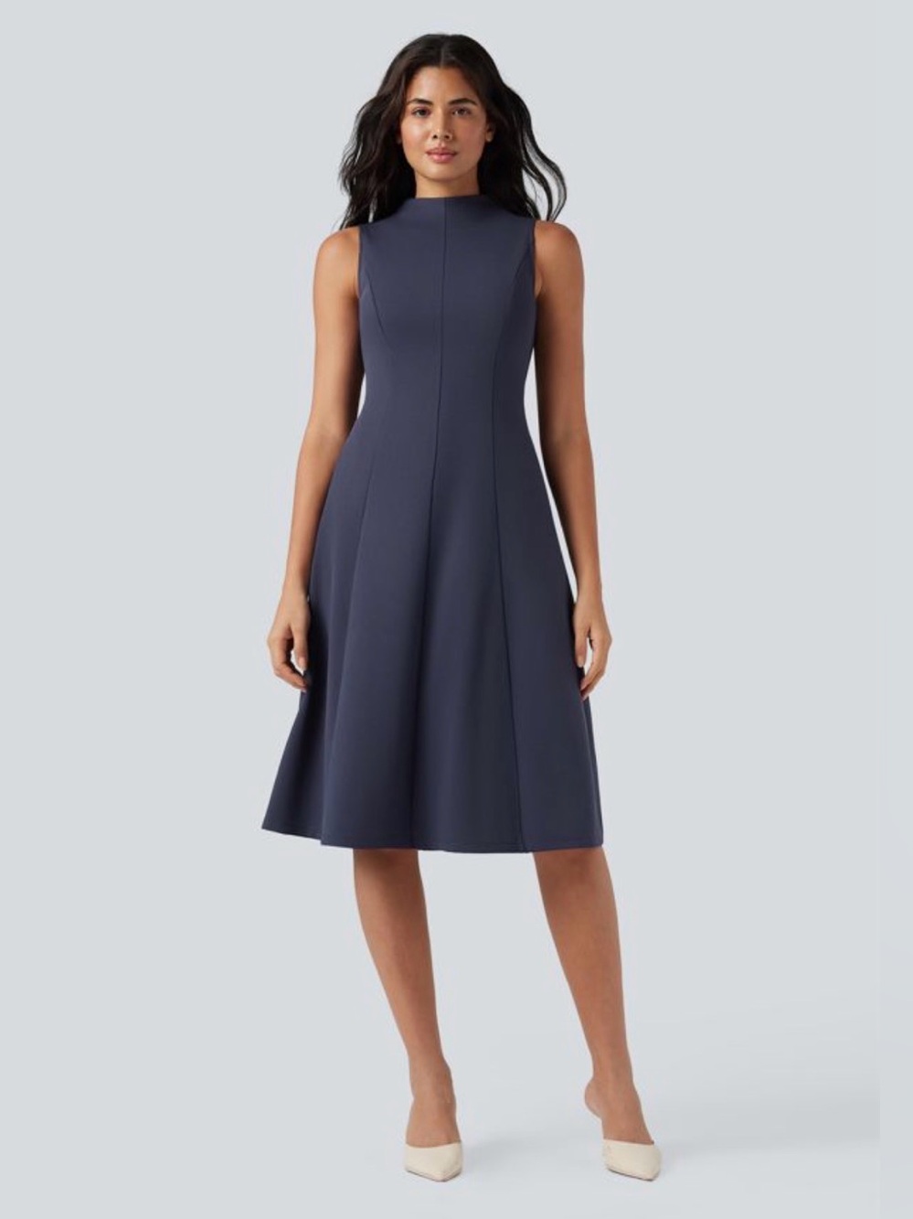 HALARA Sleeveless A-Line Midi Dress in Navy Blue